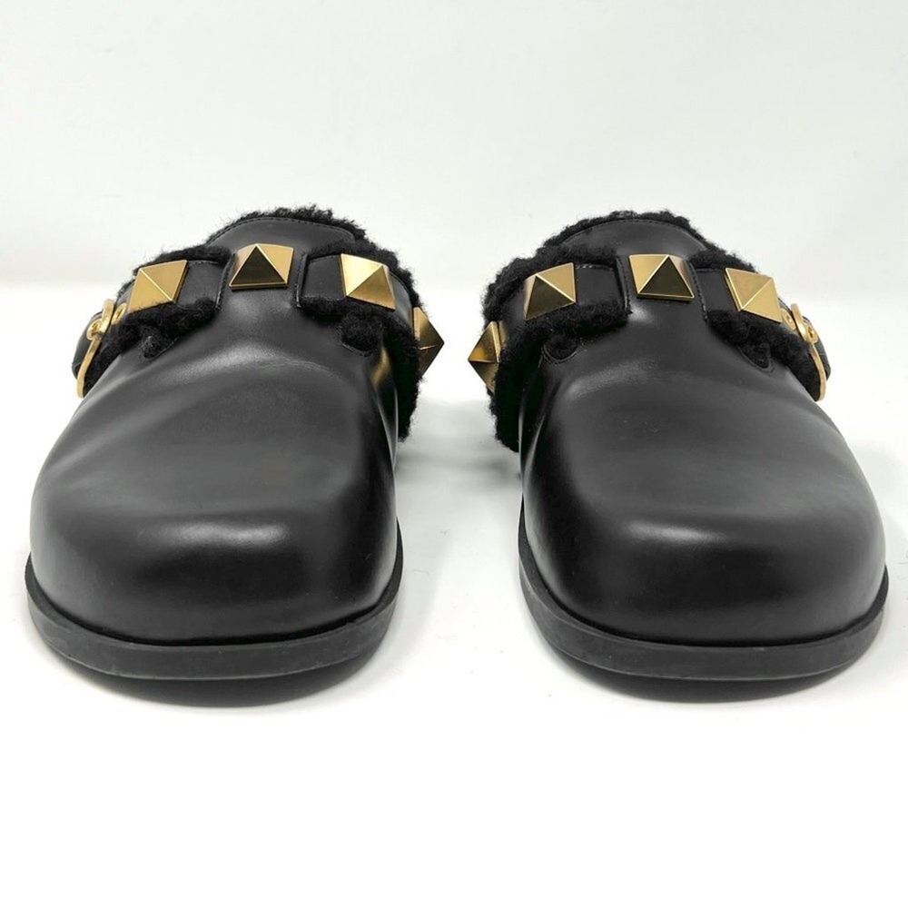 Valentino Roman Stud Mules Black Leather Shearling Flats 37.5 - Picture 4 of 10